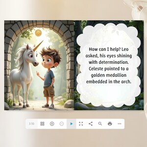 May include: A digital illustration depicts a young boy and a white unicorn standing under a stone archway. The boy, wearing a blue shirt and khaki shorts, gestures towards the unicorn. Text on the right reads: "How can I help?" and describes a golden medallion.