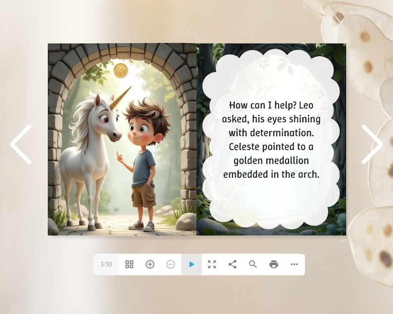 May include: A digital illustration depicts a young boy and a white unicorn standing under a stone archway. The boy, wearing a blue shirt and khaki shorts, gestures towards the unicorn. Text on the right reads: "How can I help?" and describes a golden medallion.