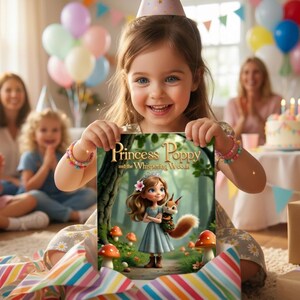 A young girl is holding up a book titled "Princess Poppy and the Whimsical Woods" at a birthday party, surrounded by other children and a birthday cake.