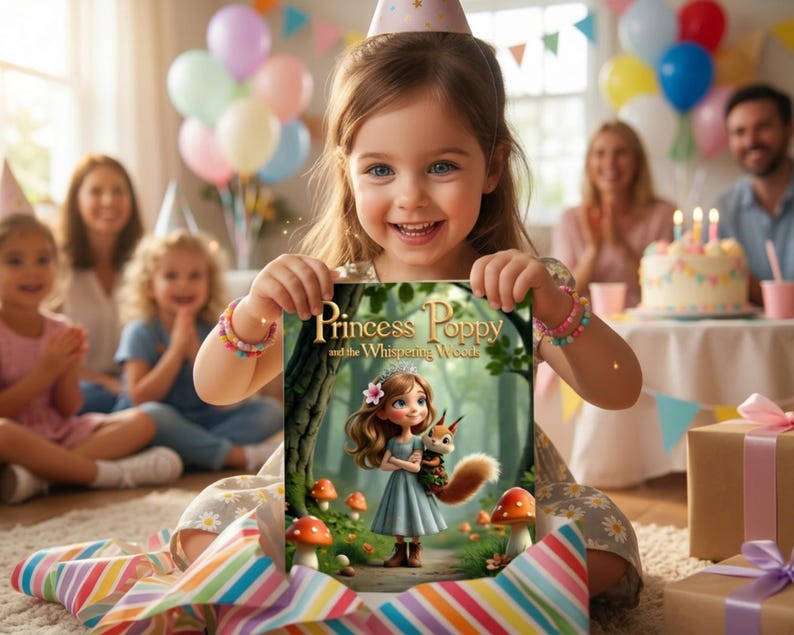 A young girl is holding up a book titled "Princess Poppy and the Whimsical Woods" at a birthday party, surrounded by other children and a birthday cake.
