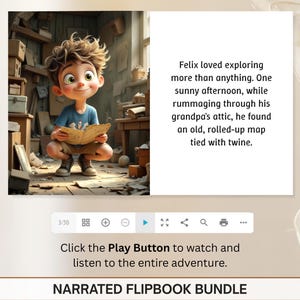 The image is a collage of two images: one depicting a young boy sitting in a cluttered room, and the other showing a map of a region. The text overlay provides a narrative about the boy's adventure, describing his exploration of the area and his discovery of an old, rolled-up map tied with twine.