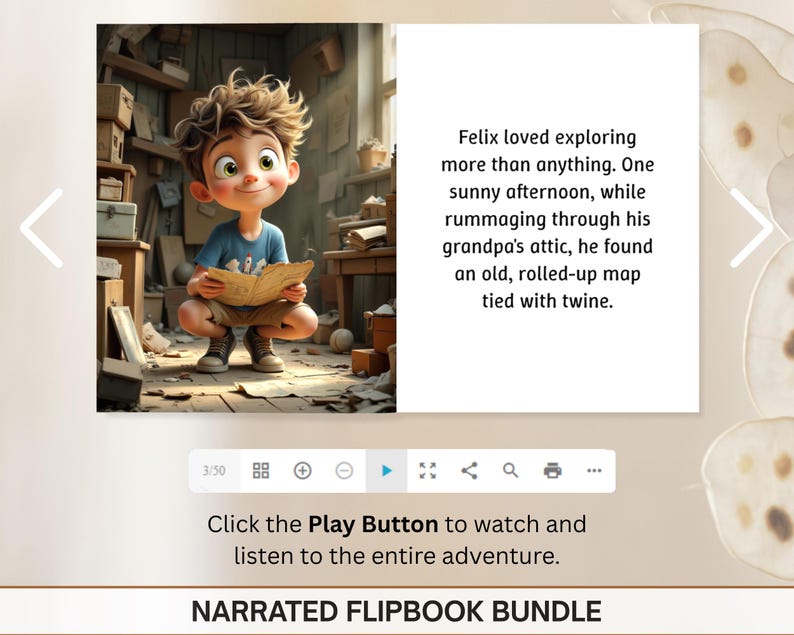 The image is a collage of two images: one depicting a young boy sitting in a cluttered room, and the other showing a map of a region. The text overlay provides a narrative about the boy's adventure, describing his exploration of the area and his discovery of an old, rolled-up map tied with twine.