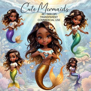 Black Girl Mermaid Clipart, Watercolor Black Mermaid Girl PNG, Melanin Mermaids Clipart, Fantasy PNG, Fairy Tale Clipart, Digital Download