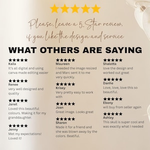 May include: A digital graphic with text that reads "Please, leave a 5-Star review, if you like the design and service." Below, customer reviews are displayed with star ratings. The background is a light beige with decorative floral elements.