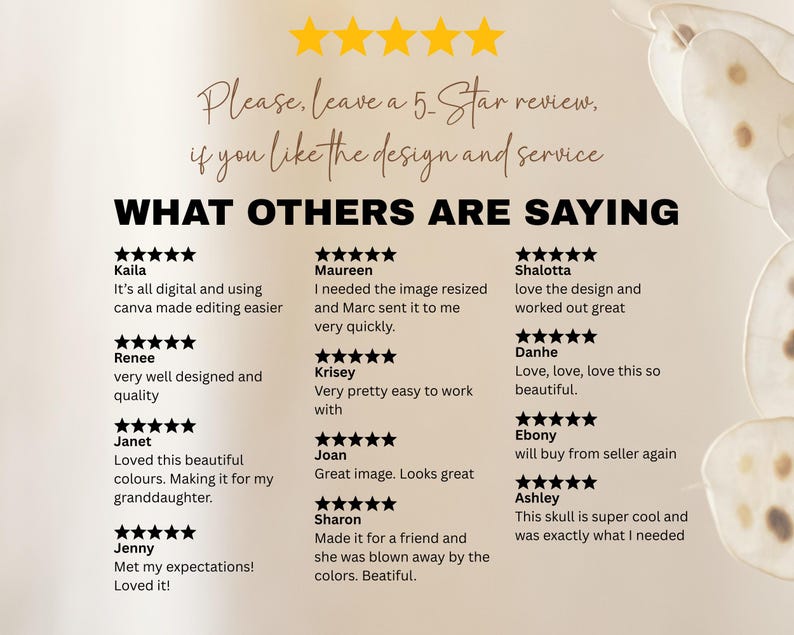May include: A digital graphic with text that reads "Please, leave a 5-Star review, if you like the design and service." Below, customer reviews are displayed with star ratings. The background is a light beige with decorative floral elements.