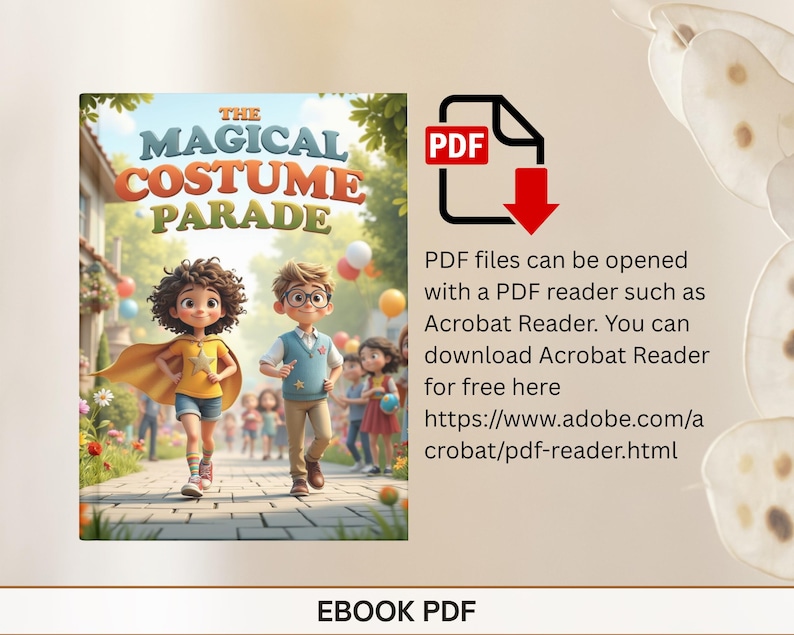 The image is an advertisement for an ebook titled "The Magical Costume Parade" that can be read on a PDF reader. It features a colorful illustration of two children, one with curly hair and the other with glasses, walking down a path with balloons. The text indicates that the ebook can be downloaded for free from the provided website.
