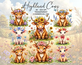 Highland Cow Flowers Clipart Bundle, 45 Highland Cow Clipart PNG, Scottish Cow, Happy Highland Cow clipart,highland Cow Funny Baby Cow PNGs