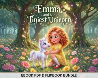 May include: A digital illustration titled Emma and the Tiniest Unicorn featuring a curly-haired child in a yellow dress kneeling in a flower-filled forest with a small white unicorn. The text EBOOK PDF & FLIPBOOK BUNDLE appears at the bottom.