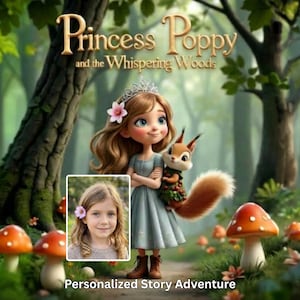 May include: An illustrated image featuring a cartoon princess with a squirrel in a forest setting. The text reads "Princess Poppy and the Whispering Woods" and "Personalized Story Adventure". A photo of a young girl is inset.