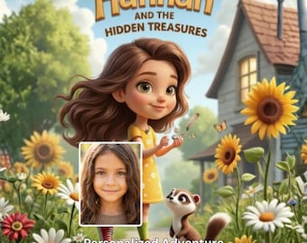 Peut inclure: Une couverture de livre personnalisée intitulée Hannah and the Hidden Treasures montrant une fille dessinée aux cheveux bruns en robe jaune, un petit furet et la photo d'un enfant, dans un jardin avec des tournesols et une maison.