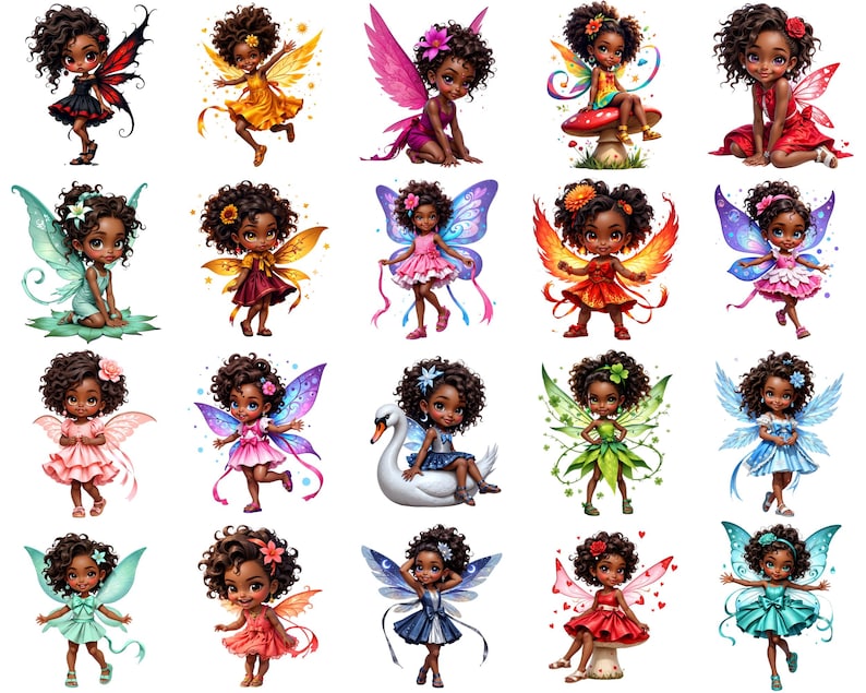 a collection of 16 distinct fairy characters, each with unique features and attire, arranged in a grid-like pattern.