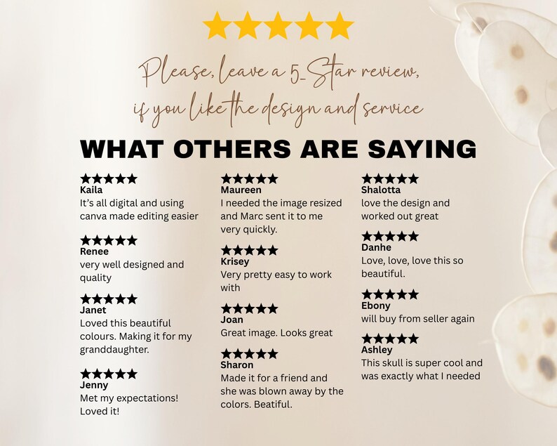 a list of positive reviews from multiple people who have used a design and service, with a focus on the design and service aspects. The reviews express satisfaction with the design and service, and some even describe the image as beautiful and the colors as pretty. The reviews are written in a positive and enthusiastic tone, highlighting the quality and ease of use of the design and service.