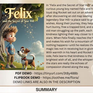 The image is a promotional poster for the animated film "Felix and the Secret of Star Hill". It features a young boy named Felix and his loyal dog Rocket on an adventure, with the title of the film prominently displayed. The poster also includes a description of the film's content and a summary of the film's message.