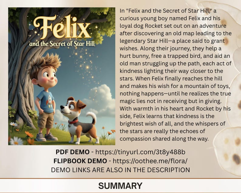 The image is a promotional poster for the animated film "Felix and the Secret of Star Hill". It features a young boy named Felix and his loyal dog Rocket on an adventure, with the title of the film prominently displayed. The poster also includes a description of the film's content and a summary of the film's message.