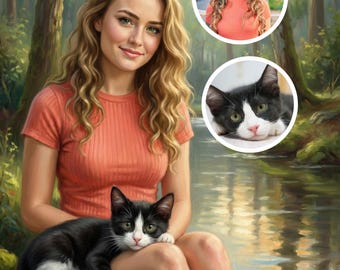 May include: An artistic rendering of a woman with long, wavy blonde hair wearing a coral-colored short-sleeved shirt, sitting outdoors with a black and white cat. Two circular inset portraits are also included.