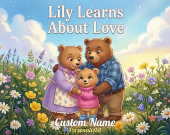 May include: A book cover titled Lily Learns About Love featuring an illustration of three brown bears in a field of colorful wildflowers. The bears include two adults and one small bear wearing a pink sweater and blue boots.