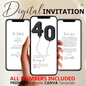 Digital 40th Birthday Invitation, Black Invitation, 40th E-Invite, 40th Birthday Evite, 40th Party Invitation, Digital 40th Invitation