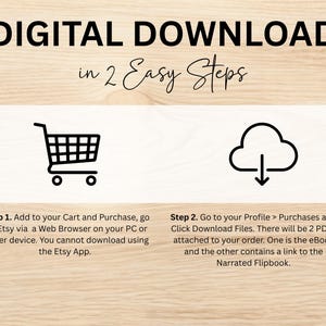May include: Digital download instructions in two easy steps. The image shows a shopping cart icon and a cloud icon with a downward arrow. Text explains how to purchase and download files from Etsy.