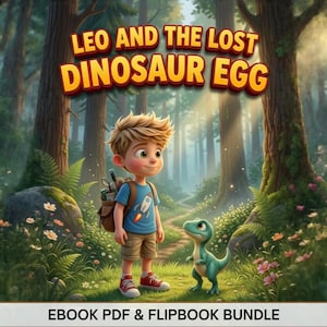 Op de afbeelding: Een digitale illustratie getiteld Leo and the Lost Dinosaur Egg met een jong persoon met blond haar in een blauw T-shirt met raket en beige korte broek in een bos met een kleine groene dinosaurus. Tekst EBOOK PDF & FLIPBOOK BUNDLE.
