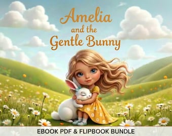 May include: A digital illustration of a child with long blonde hair wearing a yellow dress, hugging a white bunny in a field of daisies. The text reads Amelia and the Gentle Bunny at the top and EBOOK PDF & FLIPBOOK BUNDLE at the bottom.