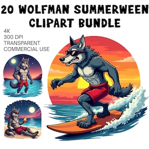 May include: Digital clipart bundle featuring a wolfman surfing on a surfboard in front of a sunset. The image includes the text "20 WOLFMAN SUMMERWEEN CLIPART BUNDLE", "4K", "300 DPI", "TRANSPARENT", and "COMMERCIAL USE".