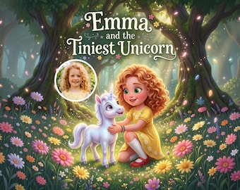 May include: A digital illustration titled Emma and the Tiniest Unicorn featuring a curly-haired child in a yellow dress kneeling in a flower field with a small white unicorn. A circular inset shows a photograph of a young child with curly hair.