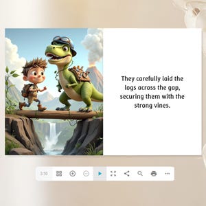 a young boy and a dinosaur crossing a gap, with the dinosaur carrying a backpack.