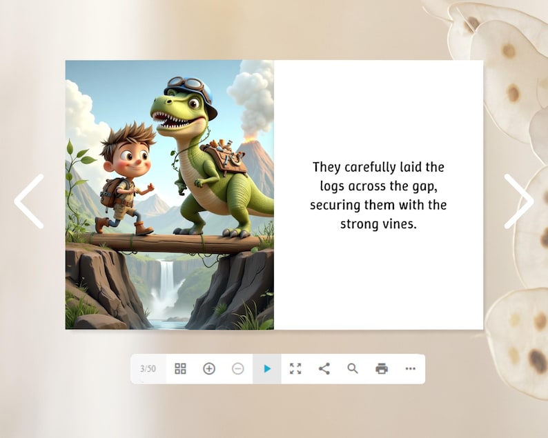 a young boy and a dinosaur crossing a gap, with the dinosaur carrying a backpack.