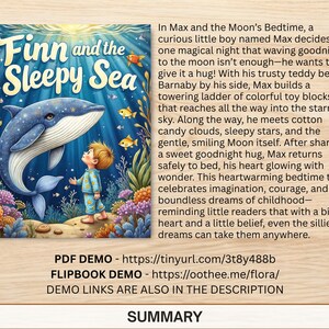 May include: A children's book cover titled "Finn and the Sleepy Sea" features a blue whale, a young boy, and the text. The illustration is set in a vibrant underwater scene with colorful coral and fish.