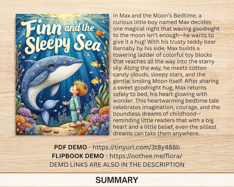 May include: A children's book cover titled "Finn and the Sleepy Sea" features a blue whale, a young boy, and the text. The illustration is set in a vibrant underwater scene with colorful coral and fish.