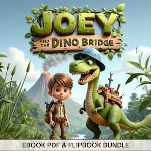 Può includere: Un'illustrazione digitale intitolata Joey and the Dino Bridge che mostra un giovane ragazzo con uno zaino marrone accanto a un dinosauro verde con un elmetto blu e attrezzi sulla schiena, con un vulcano sullo sfondo.