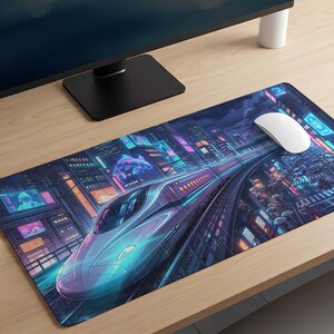 May include: A rectangular desk mat featuring a vibrant digital illustration of a high-speed train traveling through a neon-lit city at night. The scene includes glowing blue and purple skyscrapers, illuminated signs, and a floating fish graphic.