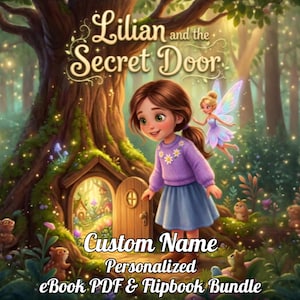 Pode incluir: Uma ilustração digital intitulada Lilian and the Secret Door apresentando uma criança de suéter roxo e saia azul diante de uma porta de árvore brilhante, acompanhada por uma fada, com o texto Custom Name Personalized eBook PDF & Flipbook Bundle.