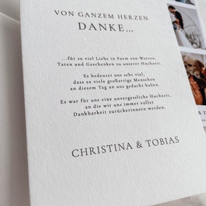 May include: A white card with black text that reads "Von Ganzem Herzen Danke..." followed by a message of thanks for the love, gifts, and support received at the wedding. The card is signed "Christina & Tobias".