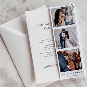 May include: A white card with the text "VON GANZ DAN" and a message of thanks for gifts and love. The card is decorated with three photos of a couple and their dog. The photos are in a Polaroid style and have a white border. The text at the bottom of the card reads "CHRISTINA & TOBIAS 23. April 2023."