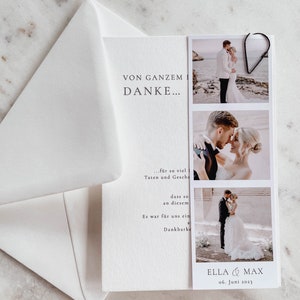 May include: A thank you card with a photo collage of a wedding couple. The card has the text "VON GANZEM DANKE..." and "ELLA & MAX 06. Juni 2023".