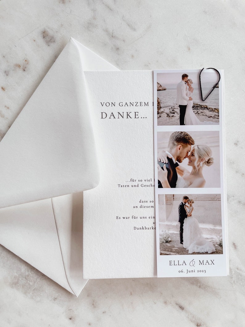 May include: A thank you card with a photo collage of a wedding couple. The card has the text "VON GANZEM DANKE..." and "ELLA & MAX 06. Juni 2023".