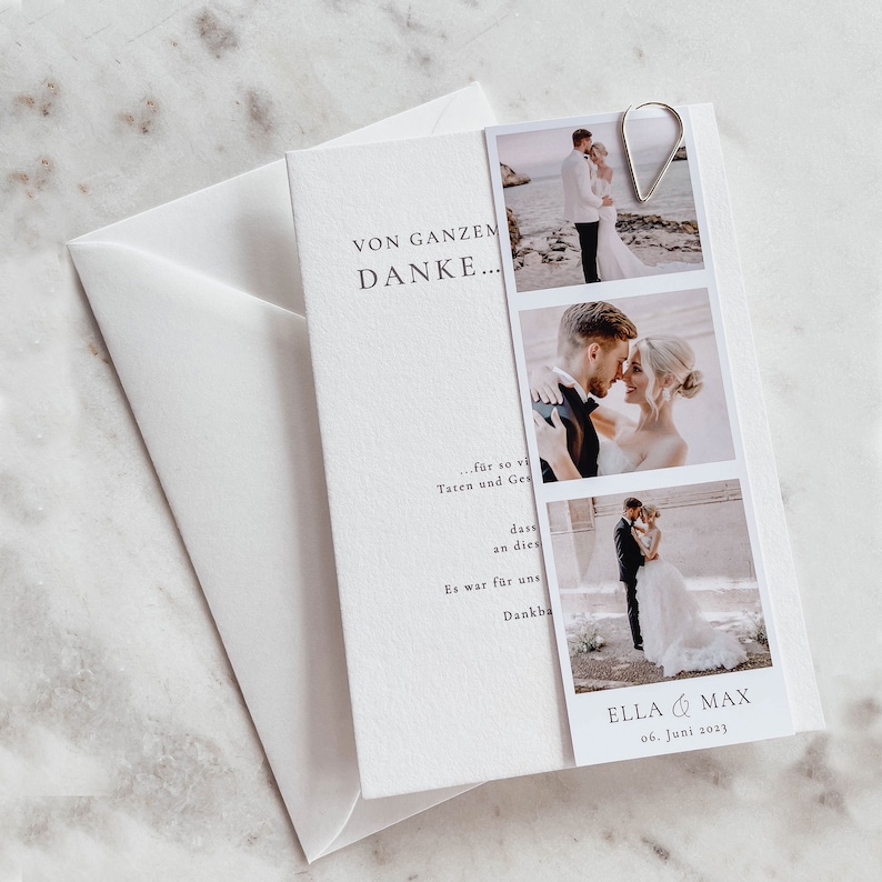 May include: A wedding thank you card with a white background and a photo strip of the bride and groom. The text on the card reads "Von Ganzem Danke..." and "Ella & Max 06. Juni 2023".