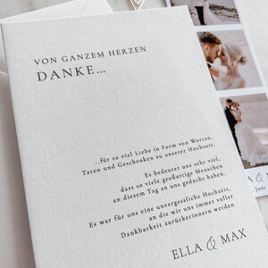 May include: A white thank you card with the text "Von Ganzem Herzen Danke..." and a message expressing gratitude for the love, gifts, and support received at a wedding. The card also includes the names "Ella & Max" at the bottom.