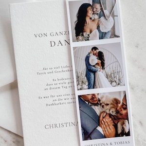 May include: A white card with a black and gray text that reads "VON GANZI DAN...f&uuml;r so viel Liebe in Taten und Geschenken Es bedeutet dass so viele gro&szlig; an diesem Tag an uns Es war f&uuml;r uns eine un an die wir uns Dankbarkeit zur&uuml;ck CHRISTINA CHRISTINA & TOBIAS 23. April 2023". The card has three photos of a couple and a dog.
