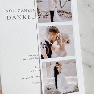 May include: A wedding thank you card with a white background and black text. The text reads "VON GANZEM DANKE... ...f&uuml;r so vi Taten und Ges dass an dies Es war f&uuml;r uns Dankba ELLA & MAX 06. Juni 2023". The card features three photos of a bride and groom.