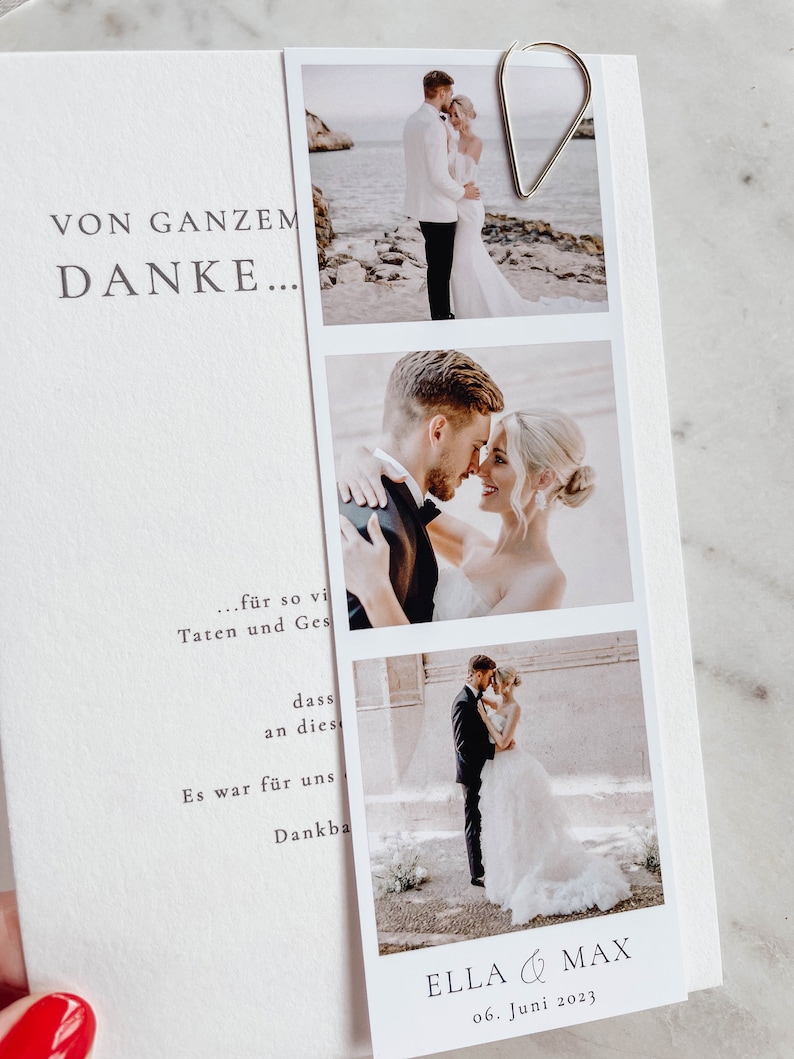 May include: A wedding thank you card with a white background and black text. The text reads "VON GANZEM DANKE... ...f&uuml;r so vi Taten und Ges dass an dies Es war f&uuml;r uns Dankba ELLA & MAX 06. Juni 2023". The card features three photos of a bride and groom.