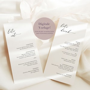 Elegantes Hochzeitsmenü | Elegante Getränkekarte | Menükarte Getränkekarte Hochzeit ausdrucken | Menü Hochzeit | Hochzeitsmenü Vorlage