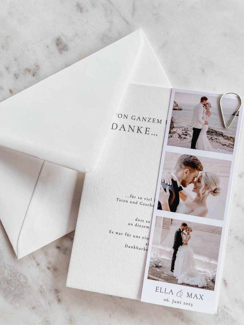 May include: A white card with a thank you message for a wedding. The card features three photos of the couple in black and white. The text on the card reads 'On Gazem Danke... for so viel Taten und Gesche dass so an diesem Es war fur uns ein Dankbarke Ella & Max 06. Juni 2023'.