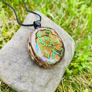 Handcrafted Green Holographic Grateful Dead Pendant - Handmade Birch Dancing Bear Necklace - Heady Wooden Festival Pendy