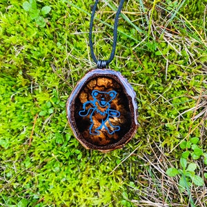 Handcrafted Blue Holographic Grateful Dead Pendant - Handmade Birch Dancing Bear Necklace - Heady Wooden Festival Pendy