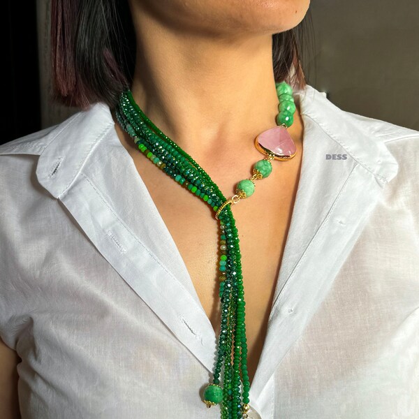 Green agate long necklace. anniversary gift asymmetric elegant necklace. pink agate pendant. Unique beaded necklace.  Handmade jewelry