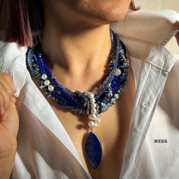 Unique royal blue lapis chunky necklace. Dark blue lapis lazuli silver pendant. lapis and pearl multilayer wedding necklace. Blue necklace