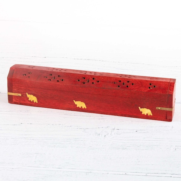 Red Elephant Symbol Incense Box | Use with Sticks and Cones | Integrated Storage | Brass Elephant Inlays | Catches Ashes | 2 Cones | 1 Stick