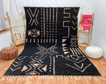 Tapis noir marocain - Tapis berbère noir - Tapis noir - Tapis berbère en laine - Tapis noir Beni ourain - Tapis personnalisé - Tapis fait main - Tapis de sol noir